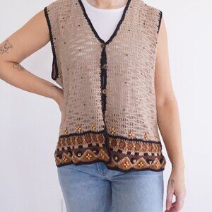 Vintage Country Classics Tan Eyelet Boho Wood Beaded Button Up Sweater Vest M